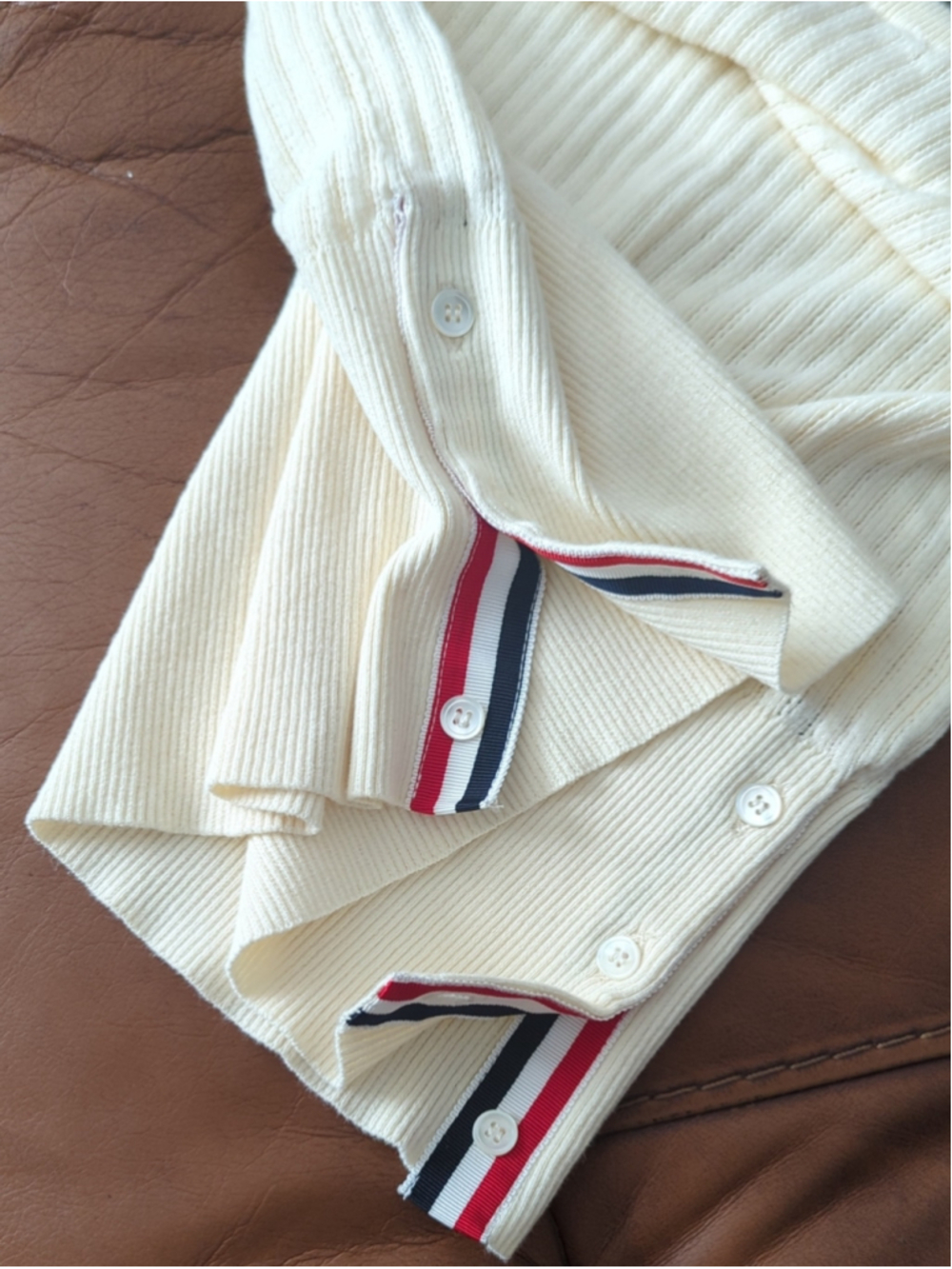 Thom Browne Cream Short-Sleeve Knit with Black Sleeve Stripes - Picture 7 of 10